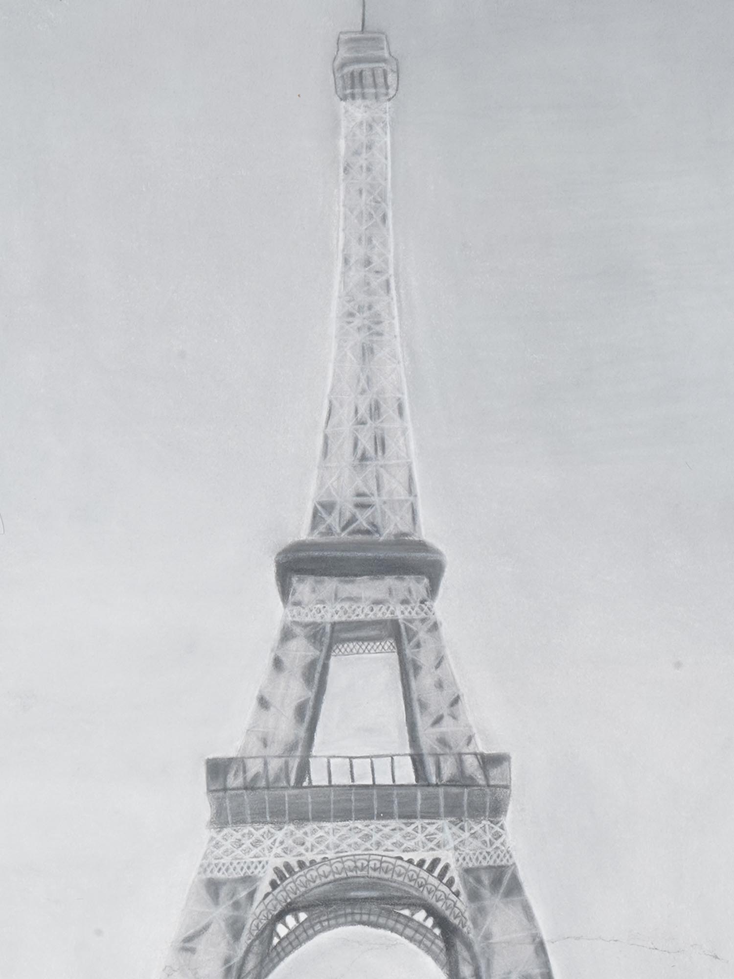 VINTAGE PENCIL PAINTING PARIS EIFFEL TOWER SIGNED PIC-1